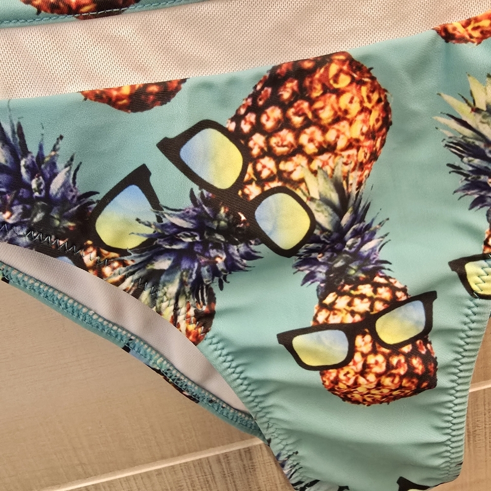 {S} Pineapple With Sunglasses Bikini Smocked Top Teal - Picture 4 of 13